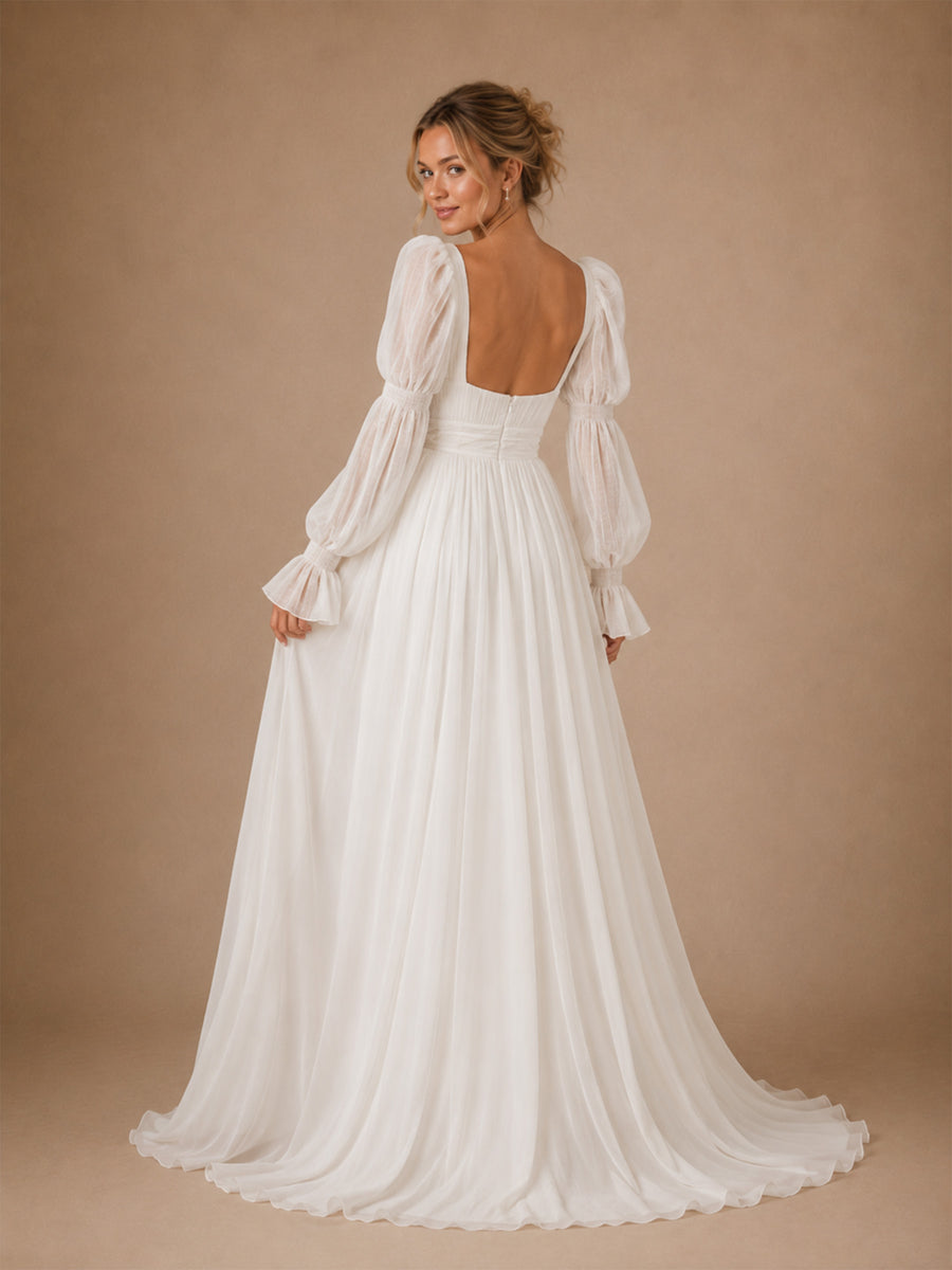 ChicSew Classy Chiffon Square Neck Puff Long Sleeves A-Line Maxi Wedding Dress With Pleats