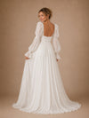 ChicSew Classy Chiffon Square Neck Puff Long Sleeves A-Line Maxi Wedding Dress With Pleats