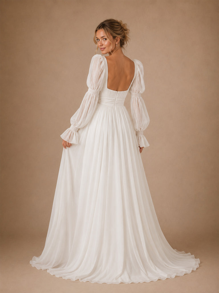 ChicSew Classy Chiffon Square Neck Puff Long Sleeves A-Line Maxi Wedding Dress With Pleats
