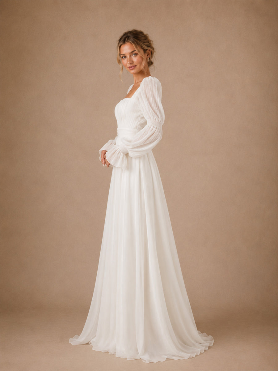 ChicSew Classy Chiffon Square Neck Puff Long Sleeves A-Line Maxi Wedding Dress With Pleats