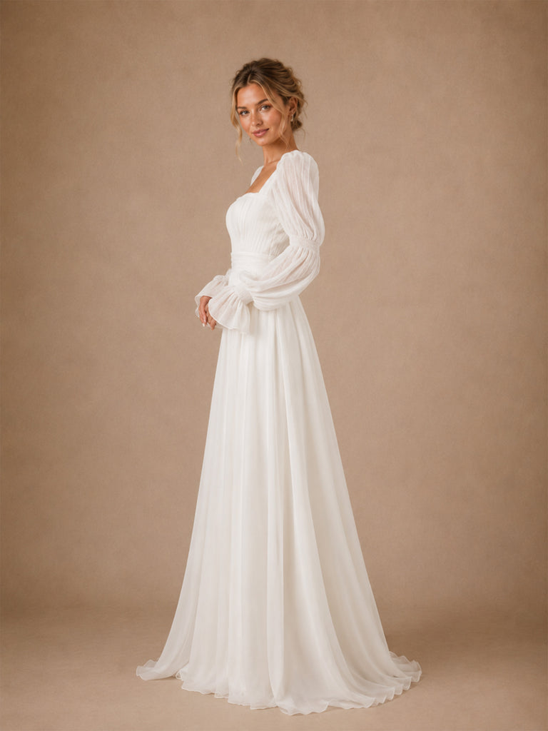 ChicSew Classy Chiffon Square Neck Puff Long Sleeves A-Line Maxi Wedding Dress With Pleats