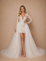 ChicSew Pretty Unique Lace Applique Deep V-Neck Long Sleeves Mini Sheath Wedding Dresses With Tulle Overskirt