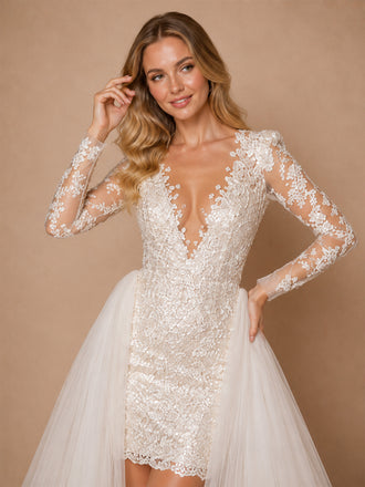 ChicSew Pretty Unique Lace Applique Deep V-Neck Long Sleeves Mini Sheath Wedding Dresses With Tulle Overskirt