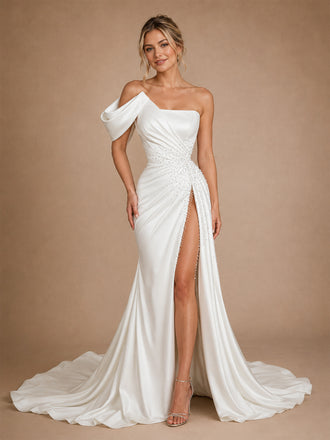 ChicSew Fancy One Shoulder Ruched Satin Mermaid Side Slit Floor-Length Wedding Dress With Beading