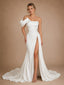 ChicSew Fancy One Shoulder Ruched Satin Mermaid Side Slit Floor-Length Wedding Dress With Beading