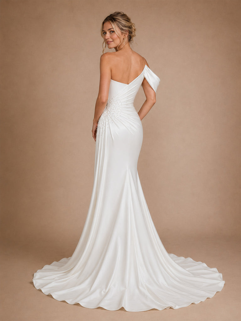 ChicSew Fancy One Shoulder Ruched Satin Mermaid Side Slit Floor-Length Wedding Dress With Beading