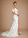 ChicSew Fancy One Shoulder Ruched Satin Mermaid Side Slit Floor-Length Wedding Dress With Beading