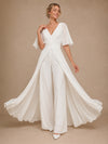 ChicSew Unique V-Neck Flutter Sleeves Chiffon Floor-Length Wedding Jumpsuit With Overskirt