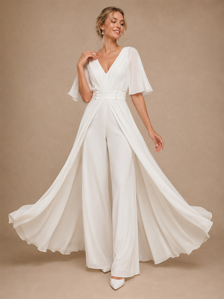 ChicSew Unique V-Neck Flutter Sleeves Chiffon Floor-Length Wedding Jumpsuit With Overskirt