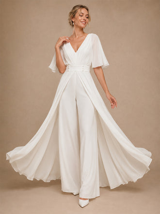 ChicSew Unique V-Neck Flutter Sleeves Chiffon Floor-Length Wedding Jumpsuit With Overskirt