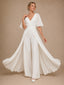 ChicSew Unique V-Neck Flutter Sleeves Chiffon Floor-Length Wedding Jumpsuit With Overskirt