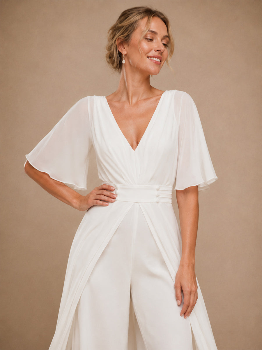ChicSew Unique V-Neck Flutter Sleeves Chiffon Floor-Length Wedding Jumpsuit With Overskirt