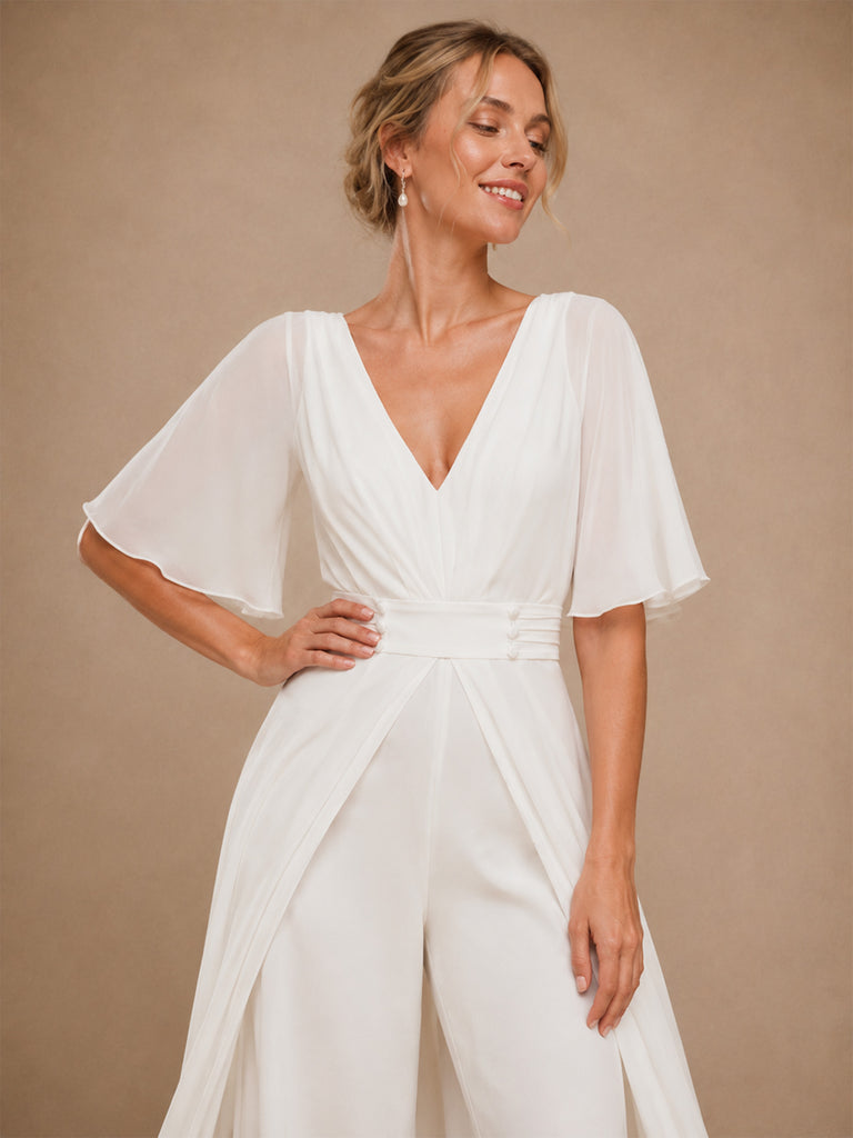 ChicSew Unique V-Neck Flutter Sleeves Chiffon Floor-Length Wedding Jumpsuit With Overskirt