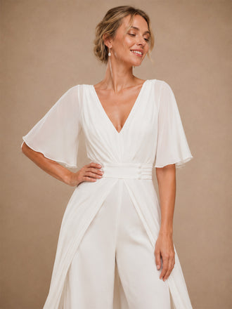 ChicSew Unique V-Neck Flutter Sleeves Chiffon Floor-Length Wedding Jumpsuit With Overskirt
