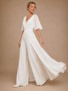 ChicSew Unique V-Neck Flutter Sleeves Chiffon Floor-Length Wedding Jumpsuit With Overskirt