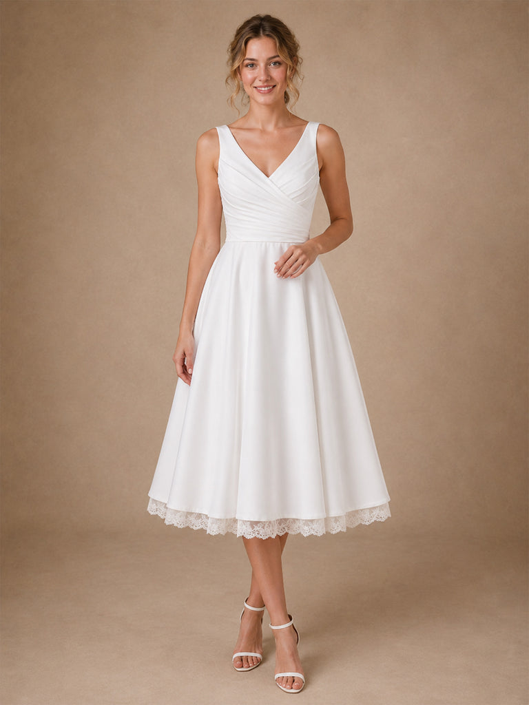 ChicSew Classy Chiffon V-Neck A-Line Pleated Tea-Length Wedding Dress With Lace Hem