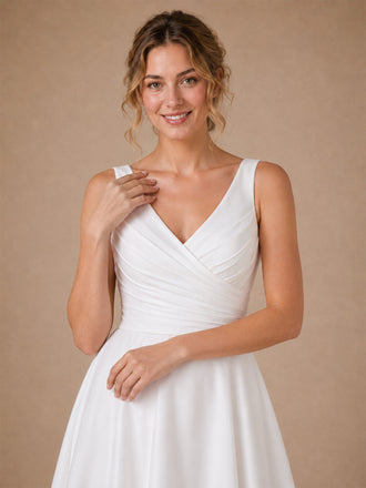 ChicSew Classy Chiffon V-Neck A-Line Pleated Tea-Length Wedding Dress With Lace Hem