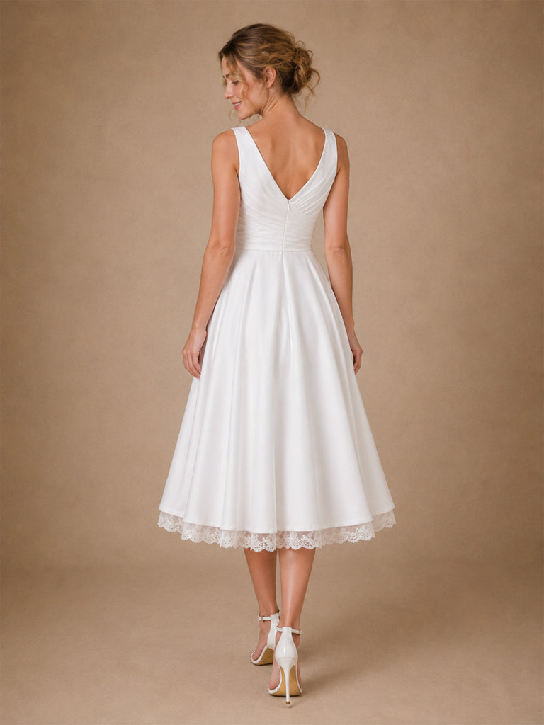 ChicSew Classy Chiffon V-Neck A-Line Pleated Tea-Length Wedding Dress With Lace Hem