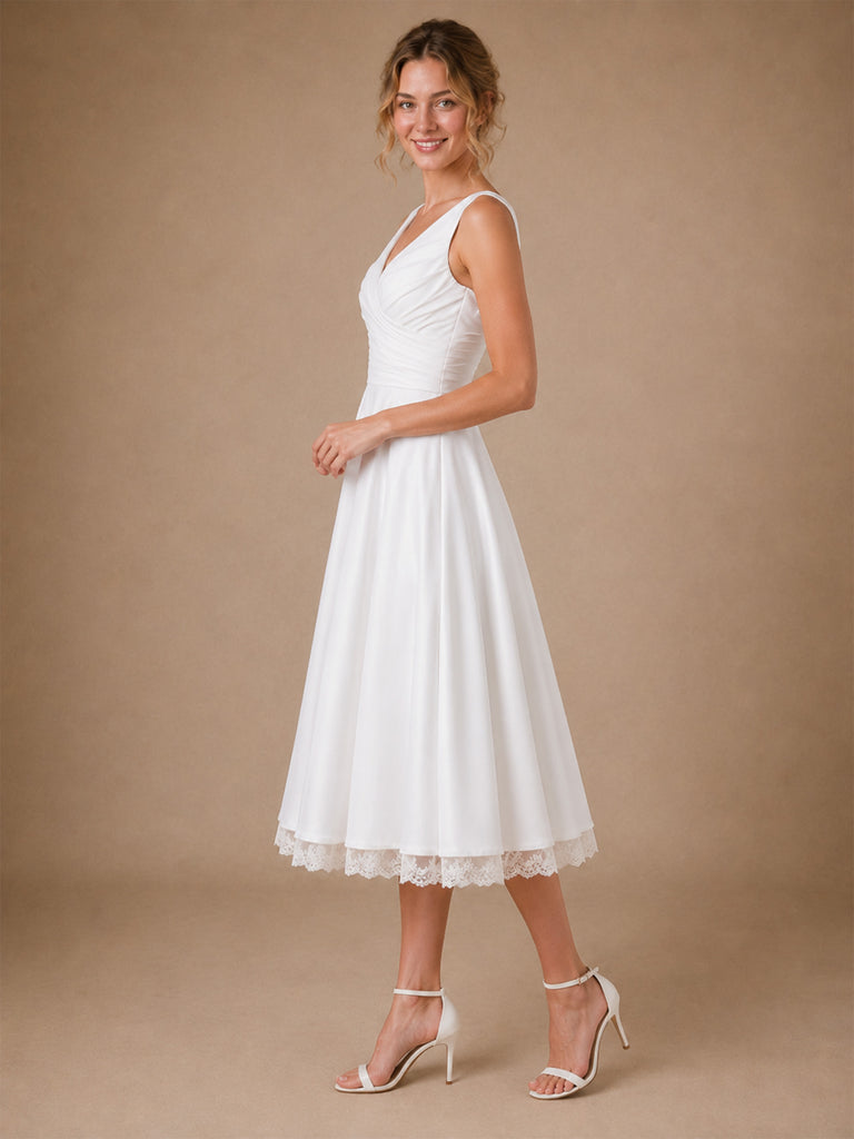 ChicSew Classy Chiffon V-Neck A-Line Pleated Tea-Length Wedding Dress With Lace Hem