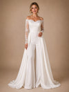 ChicSew Morden Unique Lace Applique Long Sleeves Satin Ruched Floor-Length Wedding Jumpsuit With Overskirt