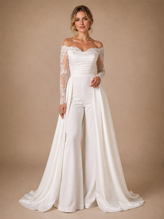 ChicSew Morden Unique Lace Applique Long Sleeves Satin Ruched Floor-Length Wedding Jumpsuit With Overskirt