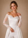 ChicSew Morden Unique Lace Applique Long Sleeves Satin Ruched Floor-Length Wedding Jumpsuit With Overskirt