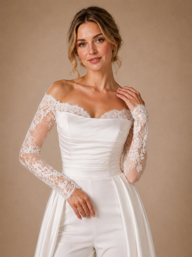 ChicSew Morden Unique Lace Applique Long Sleeves Satin Ruched Floor-Length Wedding Jumpsuit With Overskirt