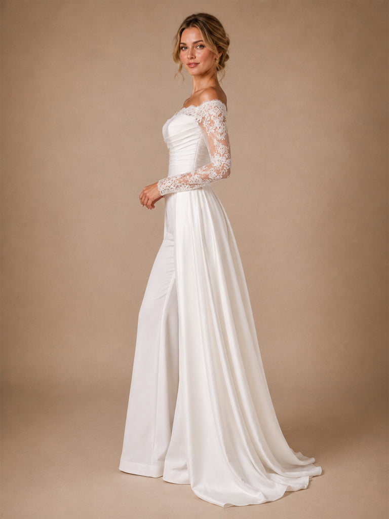 ChicSew Morden Unique Lace Applique Long Sleeves Satin Ruched Floor-Length Wedding Jumpsuit With Overskirt