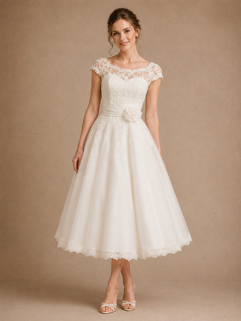 ChicSew Romantic A-Line Illusion Lace Tulle Cap Sleeves Midi Wedding Dresses