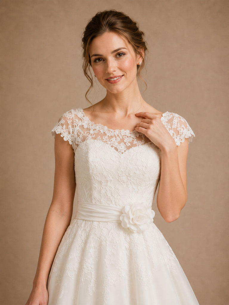 ChicSew Romantic A-Line Illusion Lace Tulle Cap Sleeves Midi Wedding Dresses
