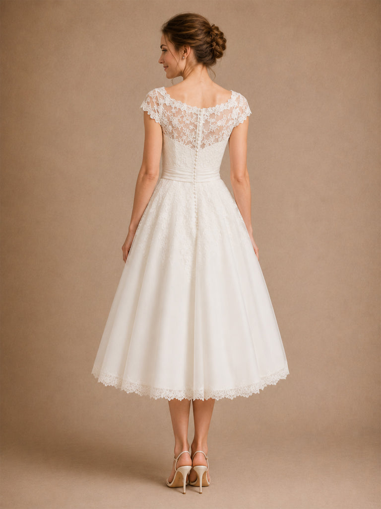 ChicSew Romantic A-Line Illusion Lace Tulle Cap Sleeves Midi Wedding Dresses