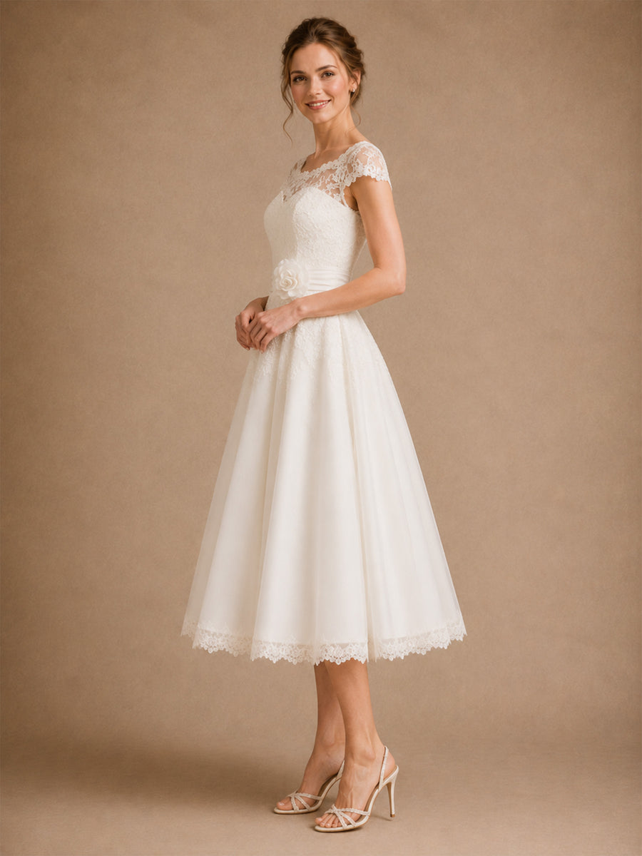 ChicSew Romantic A-Line Illusion Lace Tulle Cap Sleeves Midi Wedding Dresses