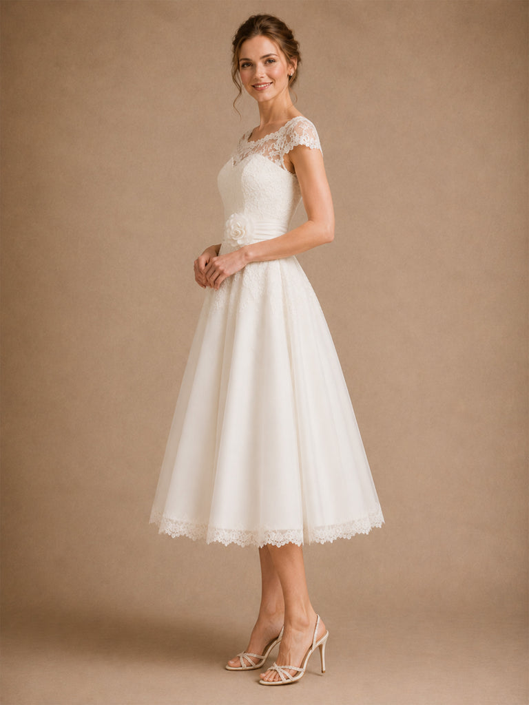 ChicSew Romantic A-Line Illusion Lace Tulle Cap Sleeves Midi Wedding Dresses