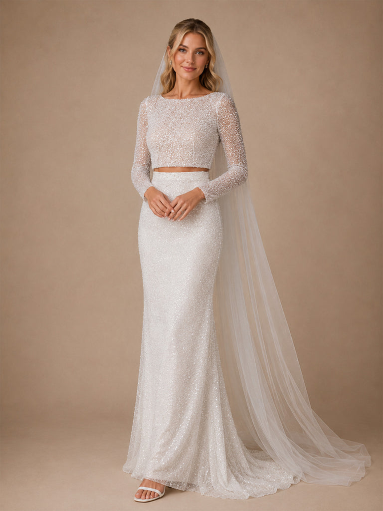 ChicSew Glamorous Long Sleeves Round Neck Mermaid Glittler Tulle Two‑Piece Long Wedding Dress