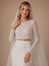 ChicSew Glamorous Long Sleeves Round Neck Mermaid Glittler Tulle Two‑Piece Long Wedding Dress