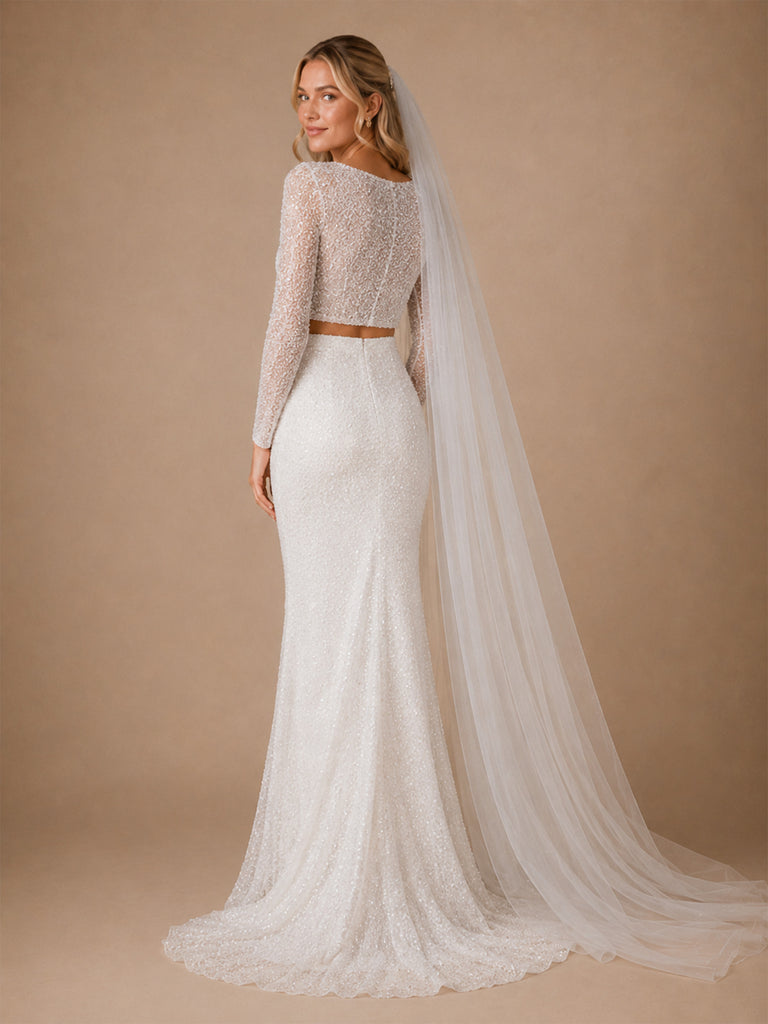 ChicSew Glamorous Long Sleeves Round Neck Mermaid Glittler Tulle Two‑Piece Long Wedding Dress