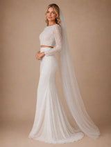 ChicSew Glamorous Long Sleeves Round Neck Mermaid Glittler Tulle Two‑Piece Long Wedding Dress