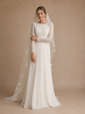 ChicSew Classy Lace Jewel Long Sleeves Chiffon Pleated A-Line Floor-Length Wedding Dress