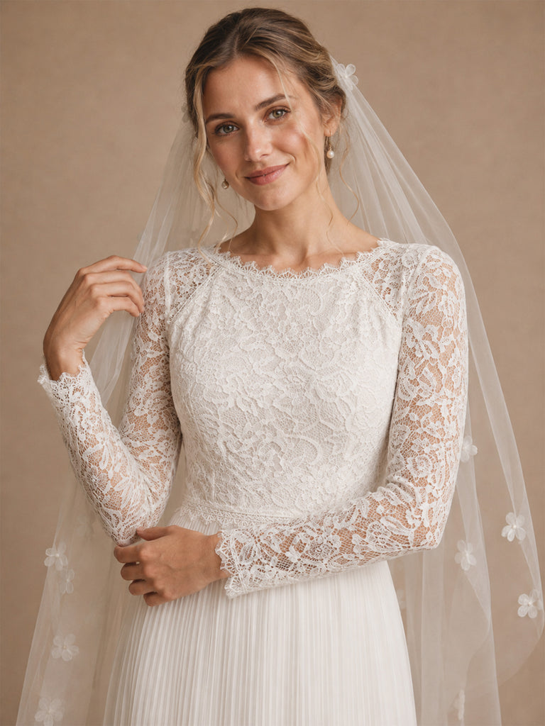 ChicSew Classy Lace Jewel Long Sleeves Chiffon Pleated A-Line Floor-Length Wedding Dress