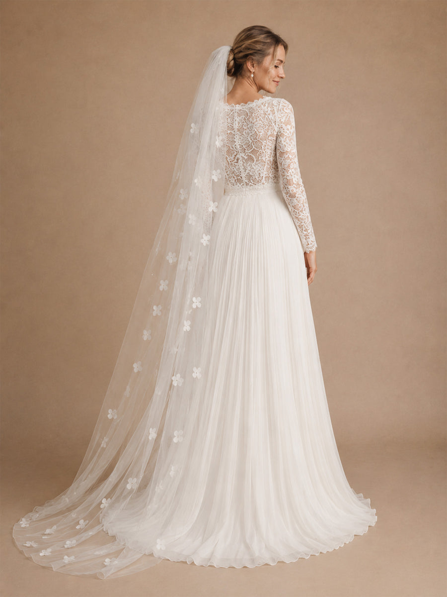 ChicSew Classy Lace Jewel Long Sleeves Chiffon Pleated A-Line Floor-Length Wedding Dress