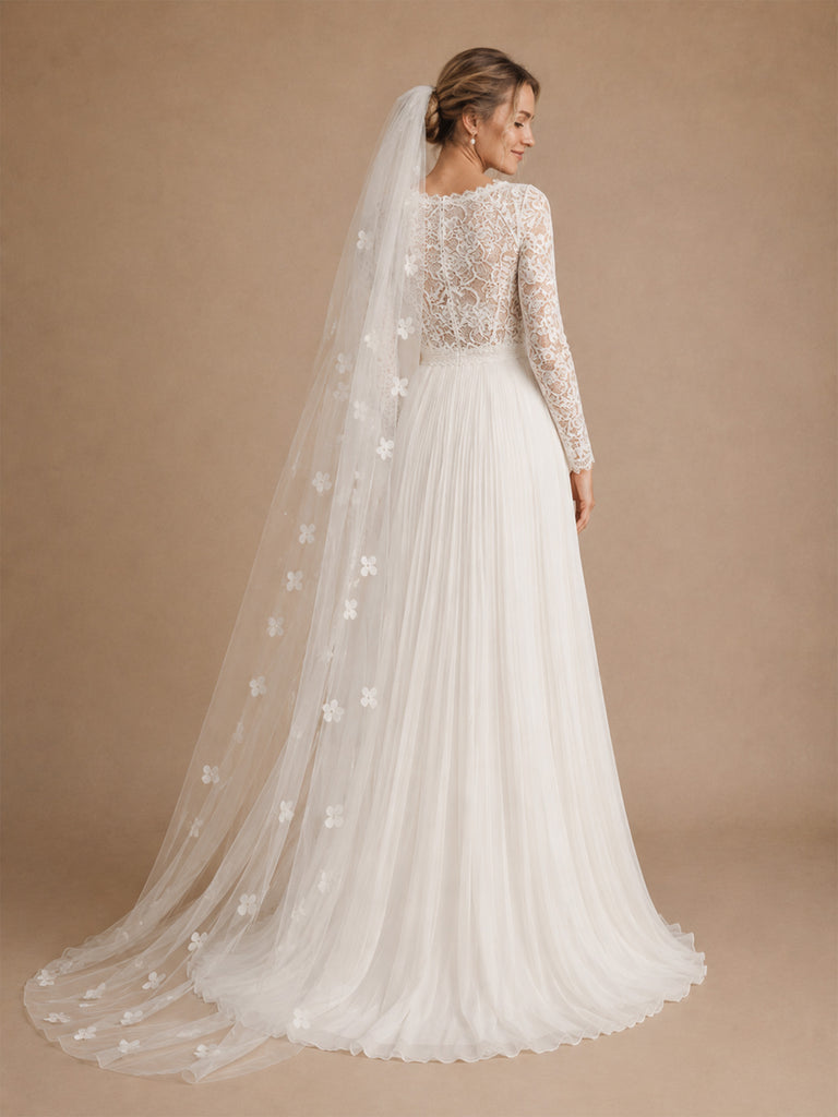 ChicSew Classy Lace Jewel Long Sleeves Chiffon Pleated A-Line Floor-Length Wedding Dress