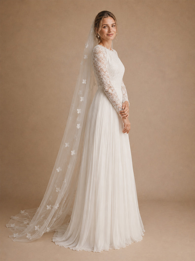 ChicSew Classy Lace Jewel Long Sleeves Chiffon Pleated A-Line Floor-Length Wedding Dress