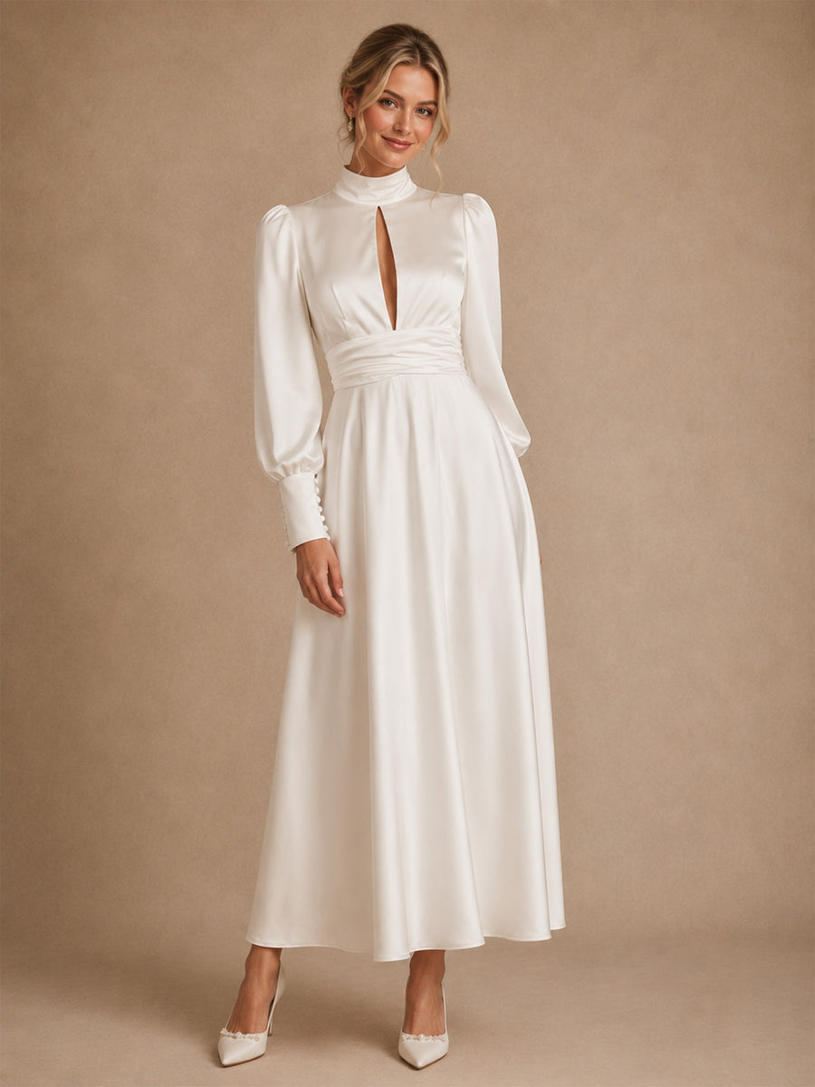 ChicSew Elegant High Nek Long Sleeves Satin A-Line Ankle-Length Wedding Dresses