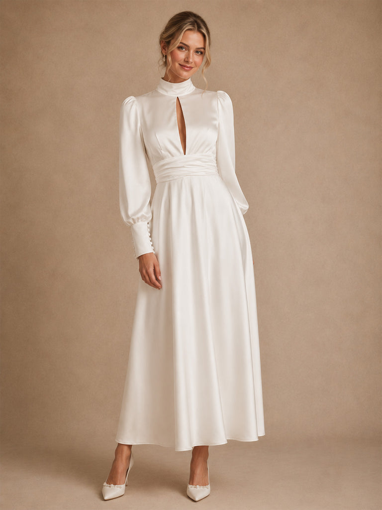 ChicSew Elegant High Nek Long Sleeves Satin A-Line Ankle-Length Wedding Dresses