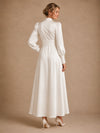 ChicSew Elegant High Nek Long Sleeves Satin A-Line Ankle-Length Wedding Dresses