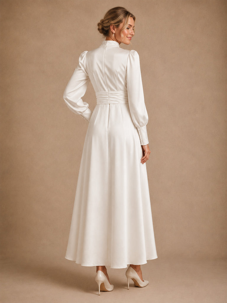 ChicSew Elegant High Nek Long Sleeves Satin A-Line Ankle-Length Wedding Dresses