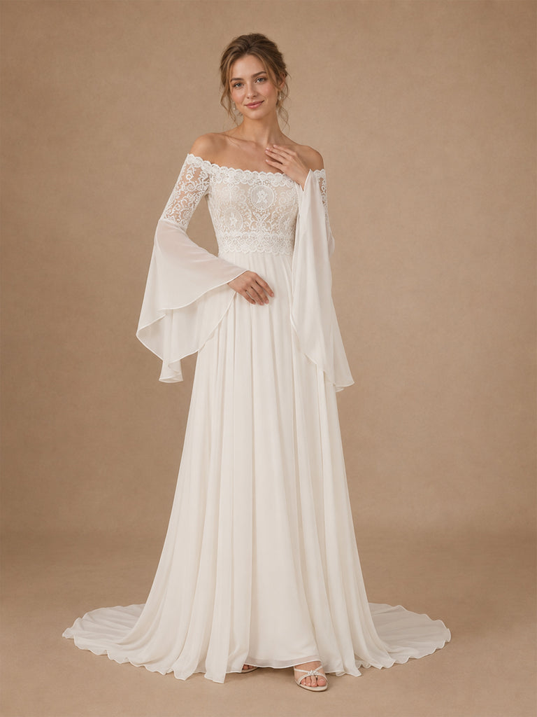 ChicSew Elegant Strapless Lace Chiffon 3/4 Sleeves A-Line Floor-Length Wedding Dresses