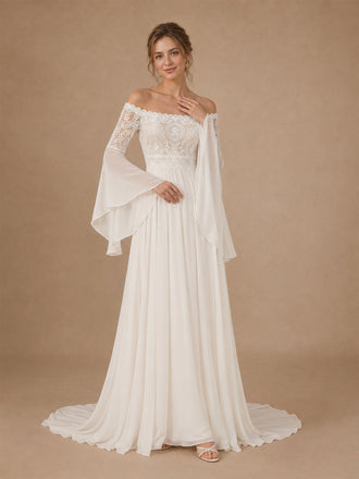 ChicSew Elegant Strapless Lace Chiffon 3/4 Sleeves A-Line Floor-Length Wedding Dresses