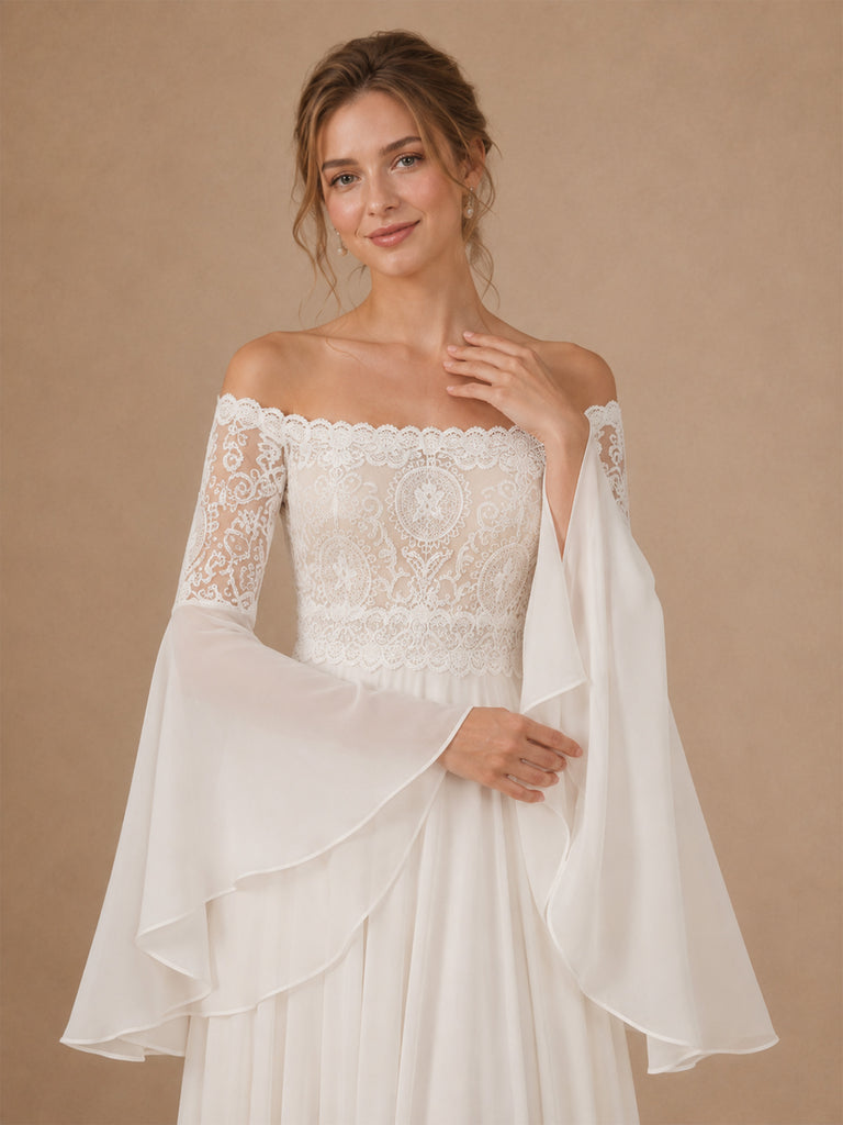 ChicSew Elegant Strapless Lace Chiffon 3/4 Sleeves A-Line Floor-Length Wedding Dresses