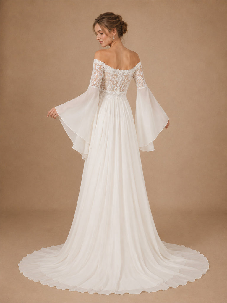 ChicSew Elegant Strapless Lace Chiffon 3/4 Sleeves A-Line Floor-Length Wedding Dresses